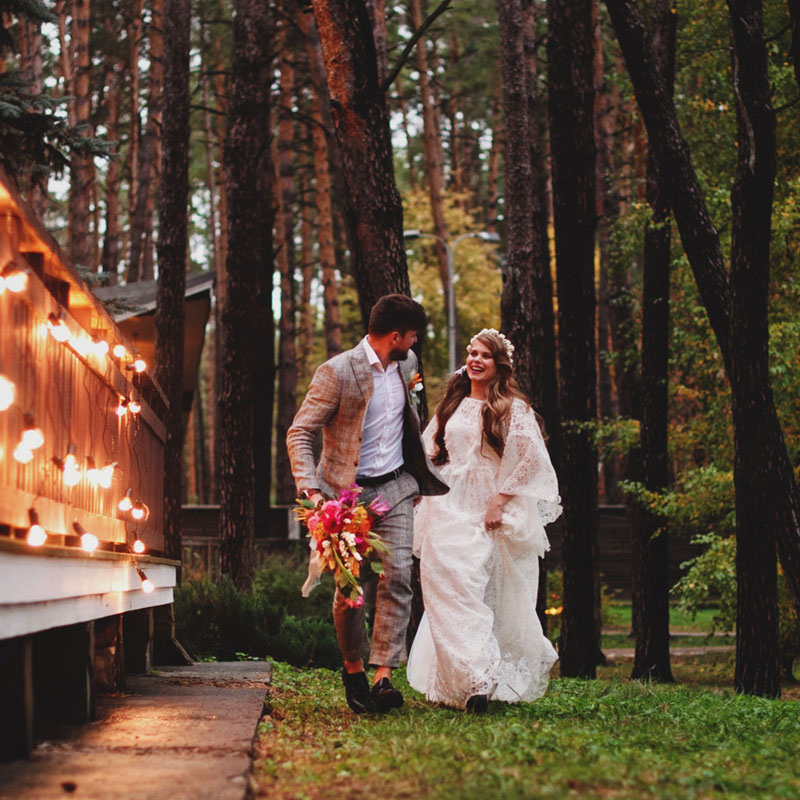 Wedding-BrideGroom-Forest Bride and Groom celebrate in a wooded ceremony